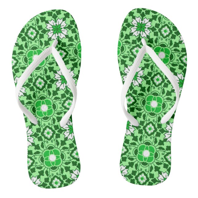 Floral Moroccan Tile, Emerald and Lime Green Flip Flops (Footbed)