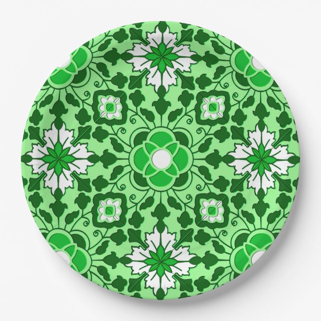 Floral Moroccan Tile, Emerald and Lime Green Paper Plate (Front)