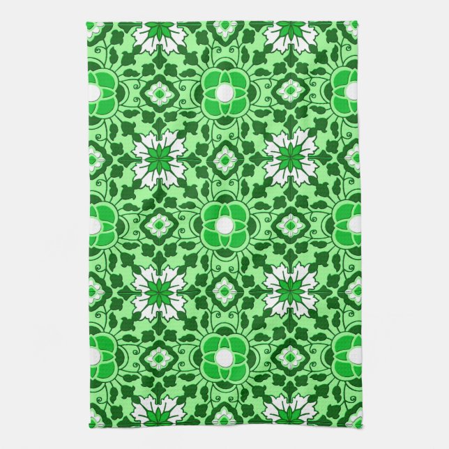 Floral Moroccan Tile, Emerald and Lime Green  Tea Towel (Vertical)
