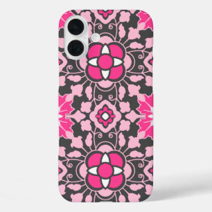 Floral Moroccan Tile, Fuchsia Pink & Grey / Grey iPhone 16 Plus Case