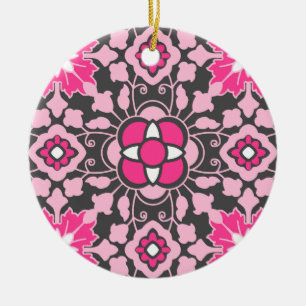 Floral Moroccan Tile, Fuchsia Pink & Grey / Grey Ceramic Tree Decoration
