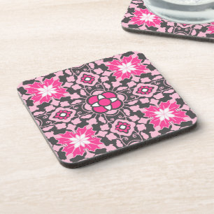 Floral Moroccan Tile, Fuchsia Pink & Grey / Grey Coaster