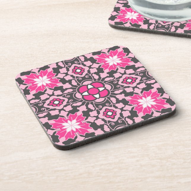 Floral Moroccan Tile, Fuchsia Pink & Grey / Grey Coaster (Left Side)