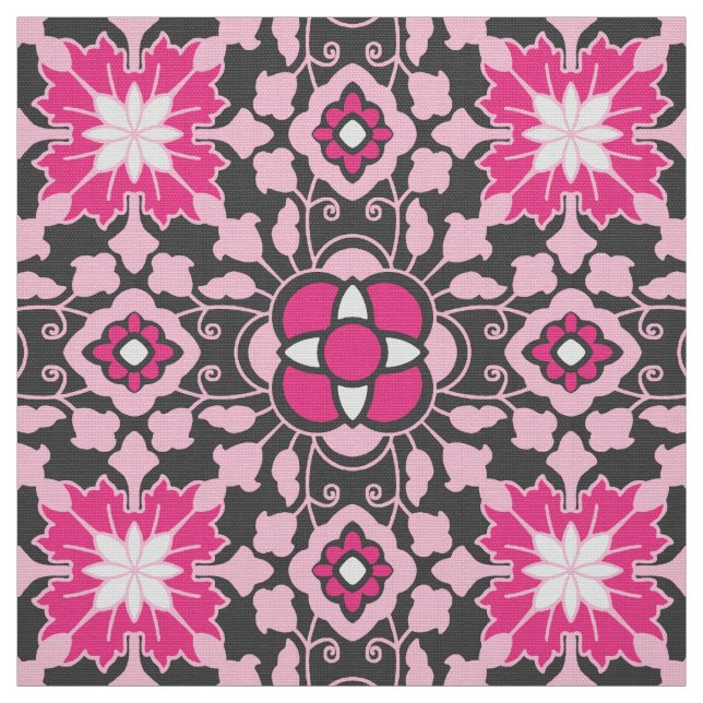 Floral Moroccan Tile, Fuchsia Pink & Grey / Grey Fabric (Swatch)