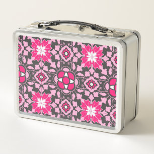 Floral Moroccan Tile, Fuchsia Pink & Grey / Grey Metal Lunch Box