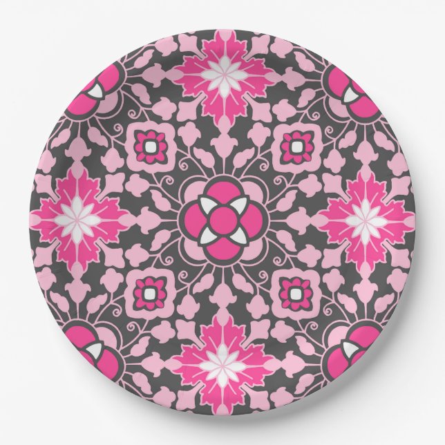 Floral Moroccan Tile, Fuchsia Pink & Grey / Grey Paper Plate (Front)