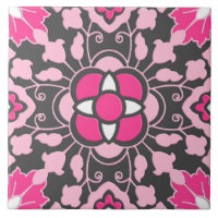 Floral Moroccan Tile, Fuchsia Pink & Grey / Grey