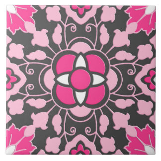 Floral Moroccan Tile, Fuchsia Pink & Grey / Grey Tile