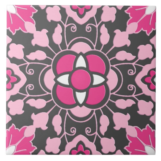 Floral Moroccan Tile, Fuchsia Pink & Grey / Grey Tile (Front)