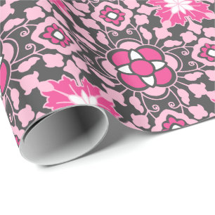 Floral Moroccan Tile, Fuchsia Pink & Grey / Grey Wrapping Paper