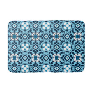 Floral Moroccan Tile, Indigo, Sky Blue and White Bath Mat