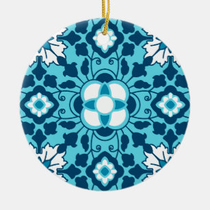 Floral Moroccan Tile, Indigo, Sky Blue and White C Ceramic Tree Decoration