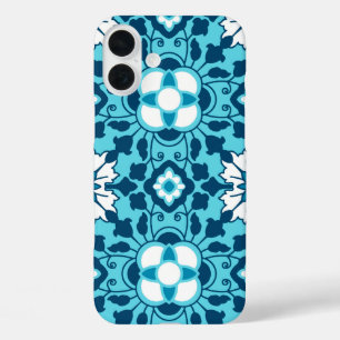 Floral Moroccan Tile, Indigo, Sky Blue and White iPhone 16 Plus Case