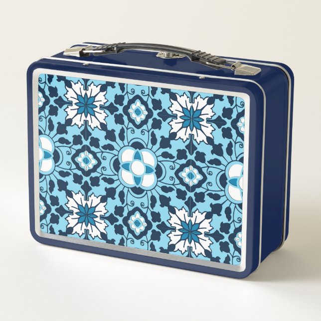 Floral Moroccan Tile, Indigo, Sky Blue and White Metal Lunch Box (Back)
