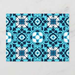 Floral Moroccan Tile, Indigo, Sky Blue and White Postcard