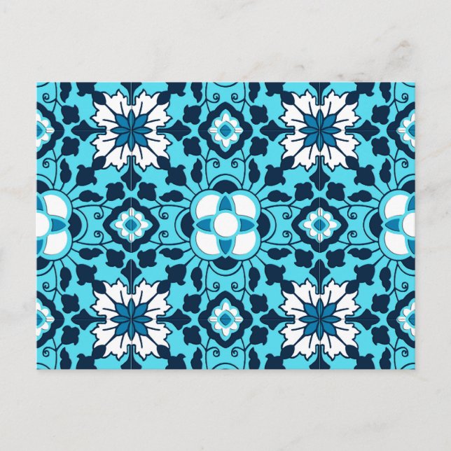 Floral Moroccan Tile, Indigo, Sky Blue and White Postcard (Front)