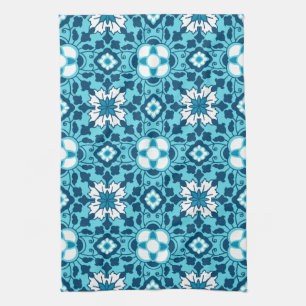 Floral Moroccan Tile, Indigo, Sky Blue and White Tea Towel