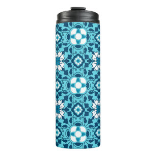 Floral Moroccan Tile, Indigo, Sky Blue and White Thermal Tumbler