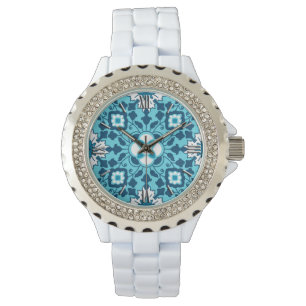 Floral Moroccan Tile, Indigo, Sky Blue and White Watch