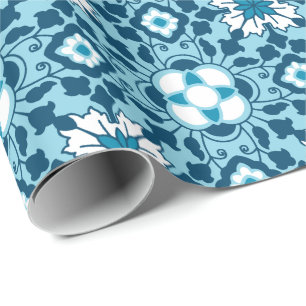 Floral Moroccan Tile, Indigo, Sky Blue and White Wrapping Paper