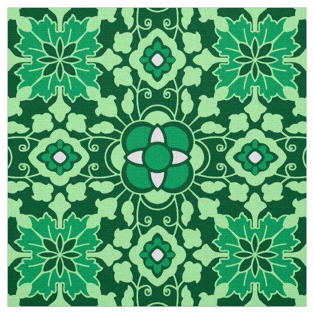 Floral Moroccan Tile, Light and Dark Jade Green Fabric (Swatch)