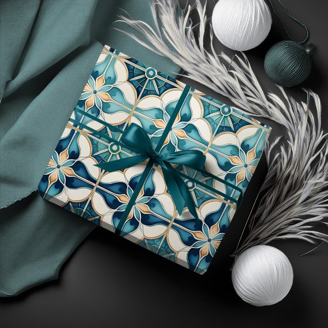 Floral Moroccan Tile Pattern#1 Teal White ID1078 Wrapping Paper (Creator Uploaded)