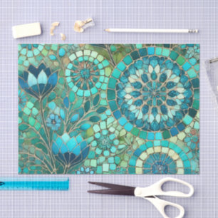 Floral Mosaic Navy Blue Green Flowers Decoupage Tissue Paper