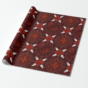 Floral Mosaic Pattern Of Red, White On Burgundy Wrapping Paper