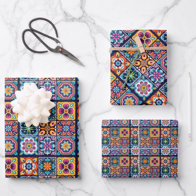 Floral mosaic tile design 8 wrapping paper sheet (Front)