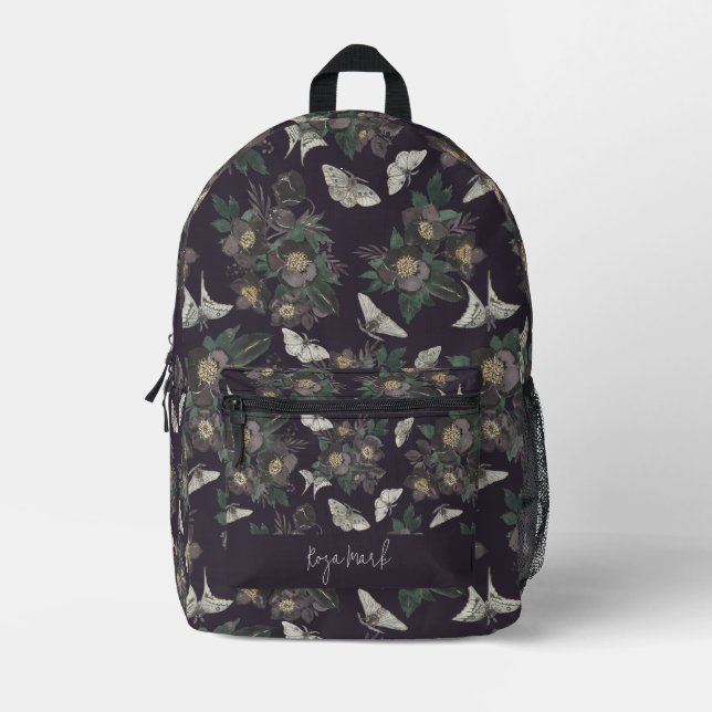 Floral Moth Butterfly Pattern Printed Backpack (Front)