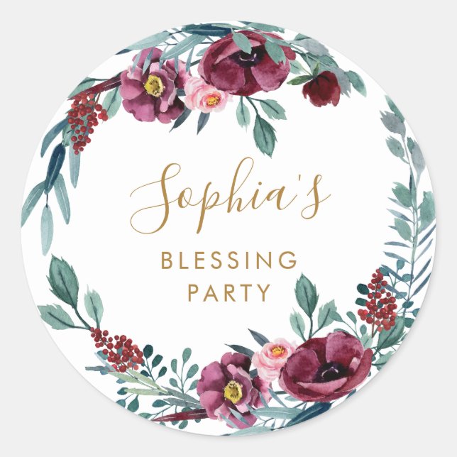 Floral Mother's Blessing Party Personalised  Classic Round Sticker (Front)