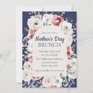 Floral Mother's Day Brunch Navy Blue Invitation