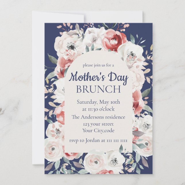 Floral Mother's Day Brunch Navy Blue Invitation (Front)