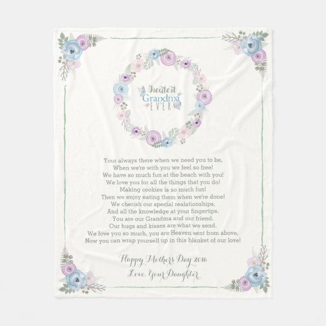 Floral Mothers Day Poem Fleece Blanket for Grandma (Front)