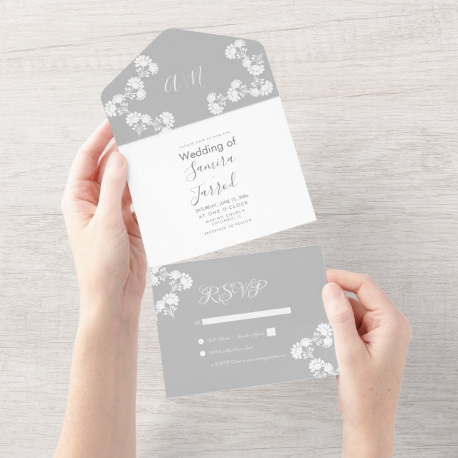 Floral Motif Grey White Wedding  All In One Invitation (Tearaway)