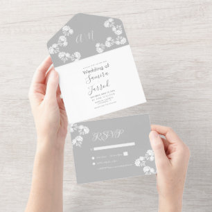 Floral Motif Grey White Wedding  All In One Invitation