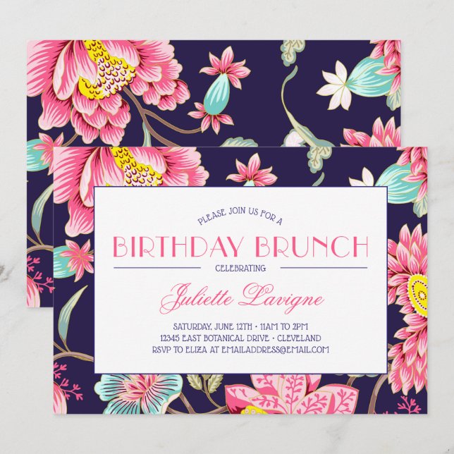 Floral Motif in Pink Aqua and Blue Birthday Invitation (Front/Back)