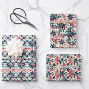 Floral Motif Pattern in Teal, Navy, and Pink Wrapping Paper Sheet