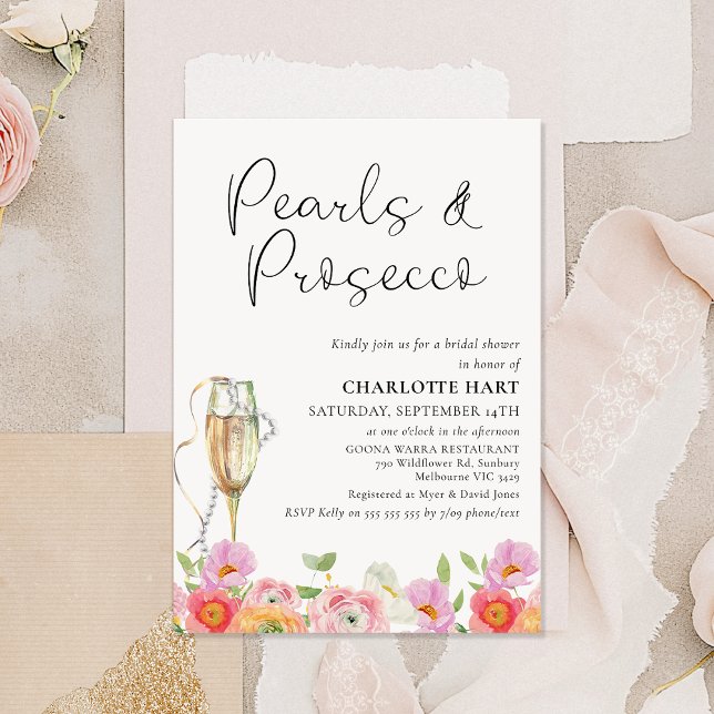 Floral Multicolored Pearls Prosecco Bridal Shower  Invitation (Pearls and Prosecco Bridal Shower Invitation Template Bright Floral, String Pearls Champagne Glass)