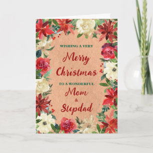 Floral Mum and Stepdad Merry Christmas Card