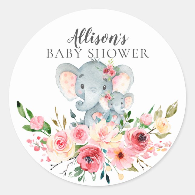 Floral Mum & Baby Elephant Baby Shower Classic Round Sticker (Front)
