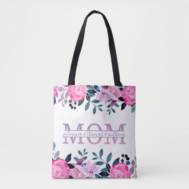 Floral Mum split Monogram with kids names Tote Bag (Front)