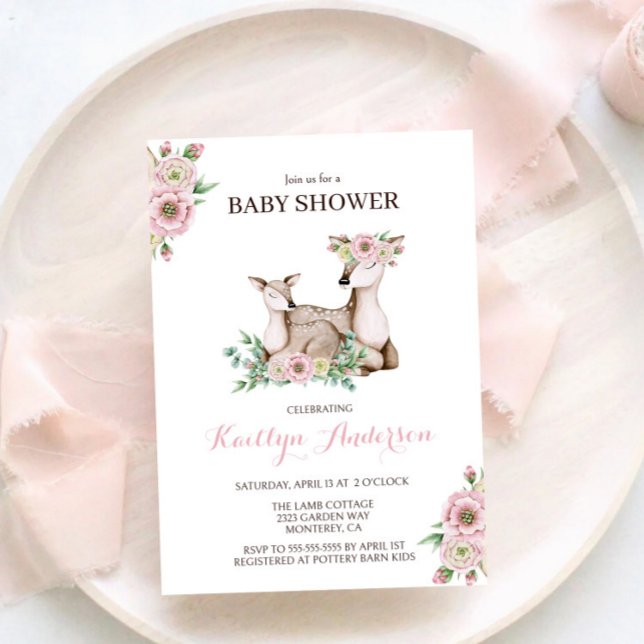 Floral Mummy and Baby Deer Baby Shower Invitation (Creator Uploaded)