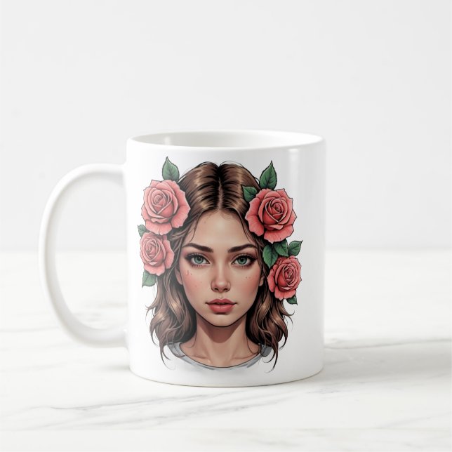 Floral Muse – Artistic Rose Portrait Tee Coffee Mug (Left)