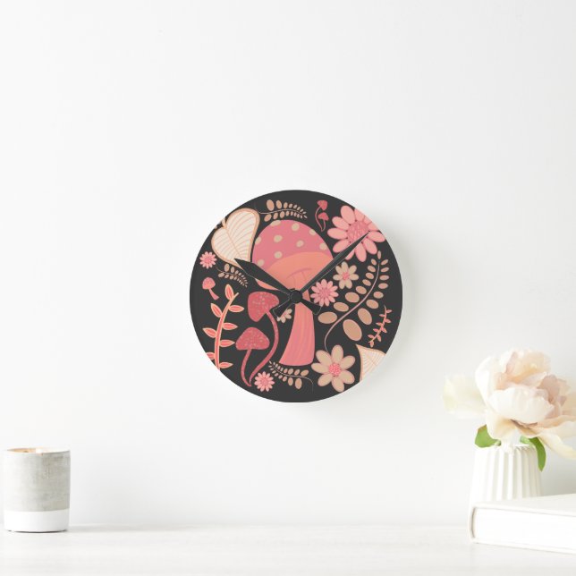 Floral & Mushroom Black Round Clock (Home)