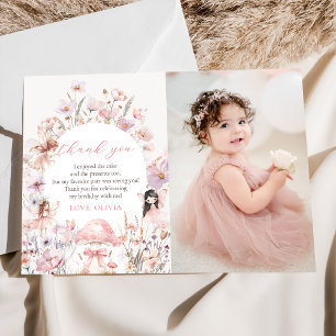 Floral Mushroom Fairy First Birthday Photo Thank You Card