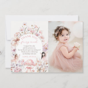 Floral Mushroom Fairy First Birthday Photo Thank You Card