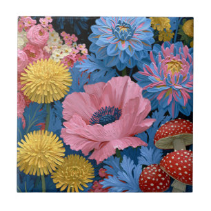 Floral Mushroom Garden in Pink and Blue Tile