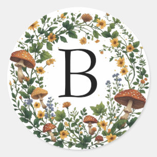 Floral Mushroom Wreath Custom Initial Cottagecore Classic Round Sticker