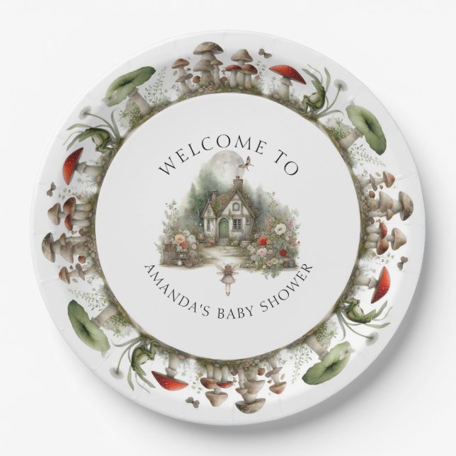 Floral Mushrooms Fairy Welcome Baby Girl Shower Paper Plate (Front)